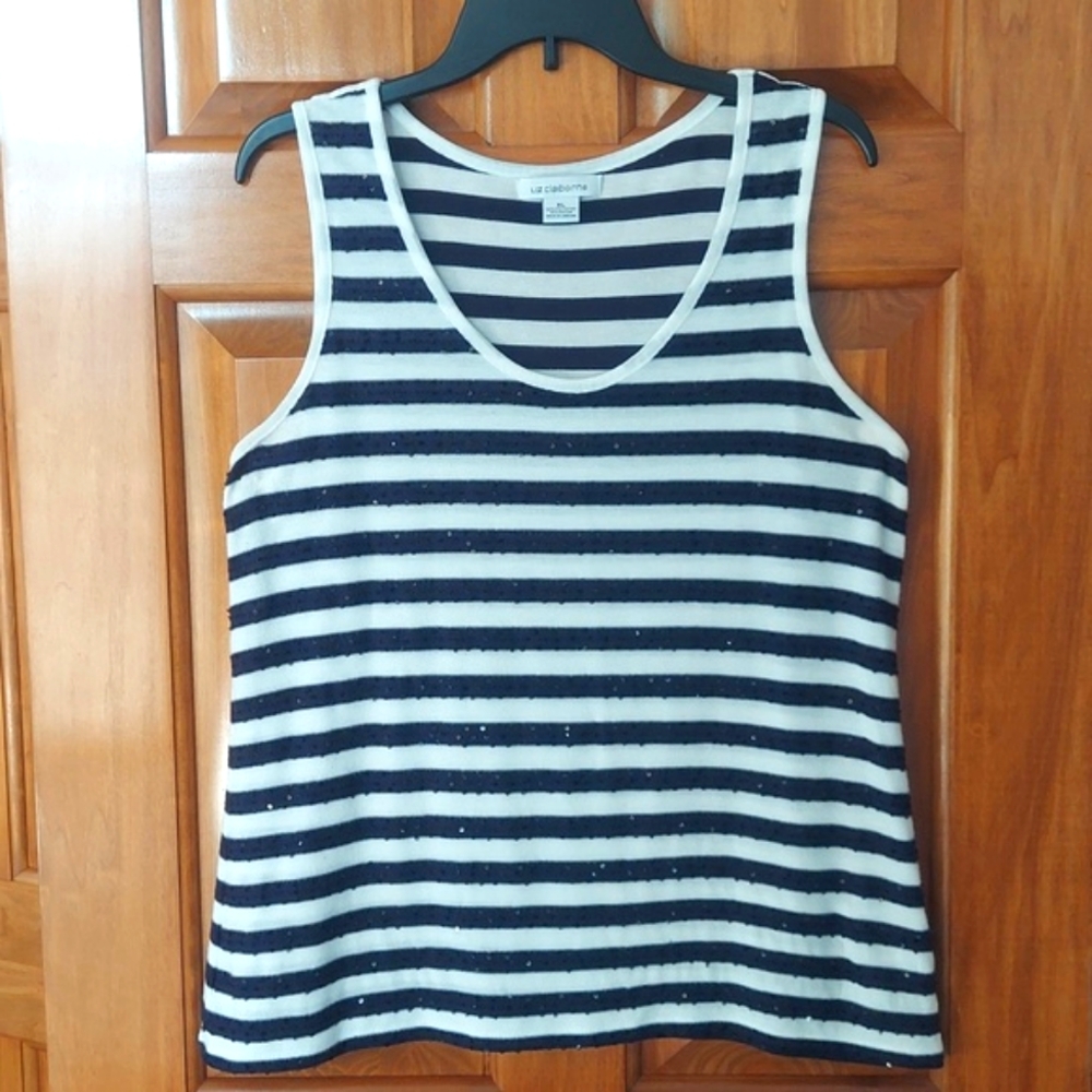 * Liz Claiborne Nautical Navy and White Striped Sequins Tank Top, Size XL